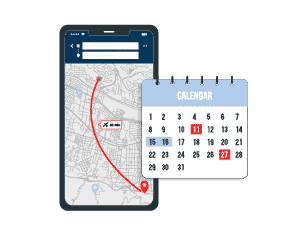 A smartphone showing a flight route on a map and a calendar with dates selected.